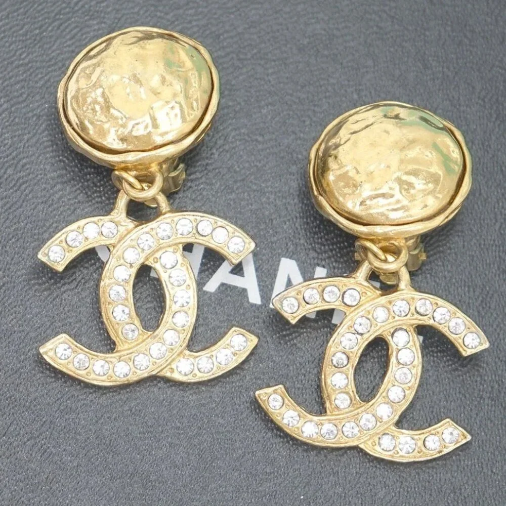 CHANEL CC Logos Rhinestone Round Drop Earrings Gold Tone Auth w/Box #22400 - Picture 1 of 6